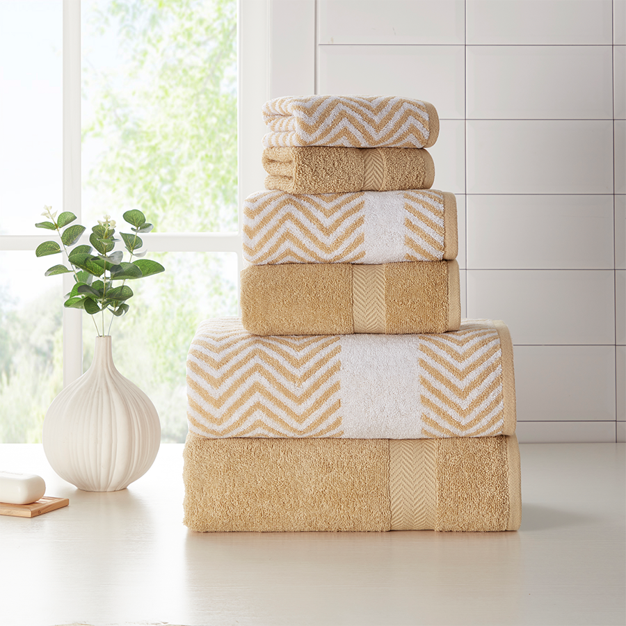 Kathy Ireland 6 Piece Chevron Jacquard Towel Set with Lets Dry Linen Bath Towel - Tophatter Daily Deals