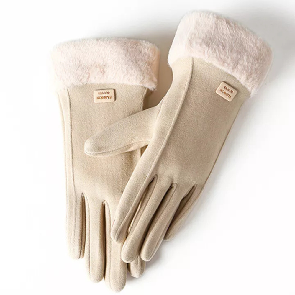 Windproof Women’s Plush Gloves - Slim Tailored, Suede Beige One Size - Tophatter Daily Deals