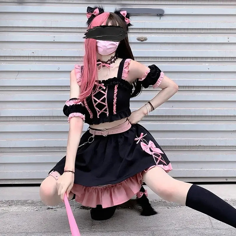 Lolita Girls Sweet Tank Top And Skirt 2-piece set High Waist Ruffles Bow Pleated Skirt Harajuku Cute Cake Mini Skirts - Tophatter Daily Deals