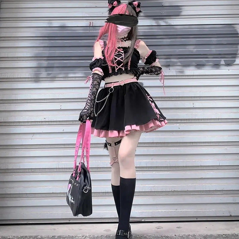 Lolita Girls Sweet Tank Top And Skirt 2-piece set High Waist Ruffles Bow Pleated Skirt Harajuku Cute Cake Mini Skirts - Tophatter Daily Deals