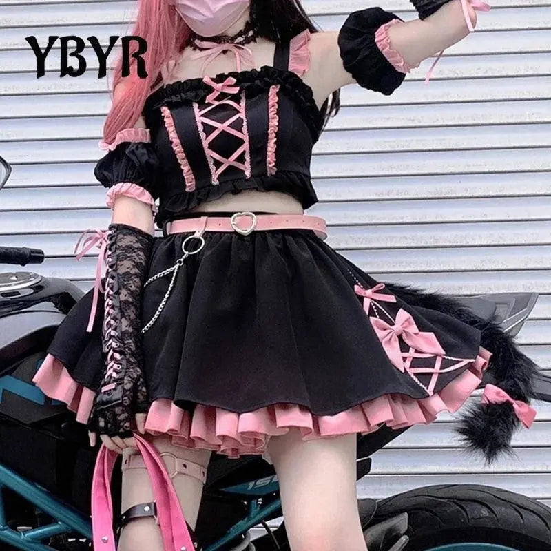 Lolita Girls Sweet Tank Top And Skirt 2-piece set High Waist Ruffles Bow Pleated Skirt Harajuku Cute Cake Mini Skirts - Tophatter Daily Deals