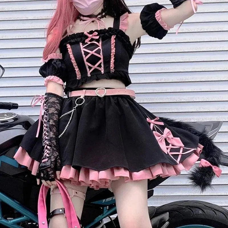 Lolita Girls Sweet Tank Top And Skirt 2-piece set High Waist Ruffles Bow Pleated Skirt Harajuku Cute Cake Mini Skirts Tops and Skirt S - Tophatter Daily Deals