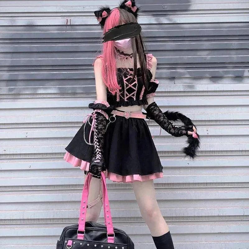 Lolita Girls Sweet Tank Top And Skirt 2-piece set High Waist Ruffles Bow Pleated Skirt Harajuku Cute Cake Mini Skirts - Tophatter Daily Deals