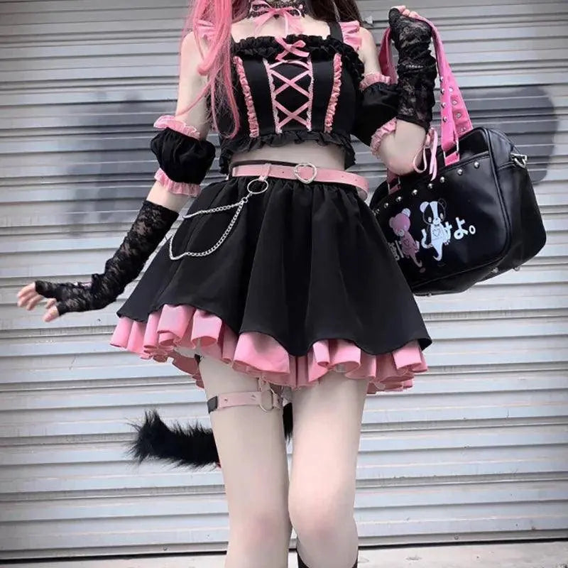 Lolita Girls Sweet Tank Top And Skirt 2-piece set High Waist Ruffles Bow Pleated Skirt Harajuku Cute Cake Mini Skirts - Tophatter Daily Deals