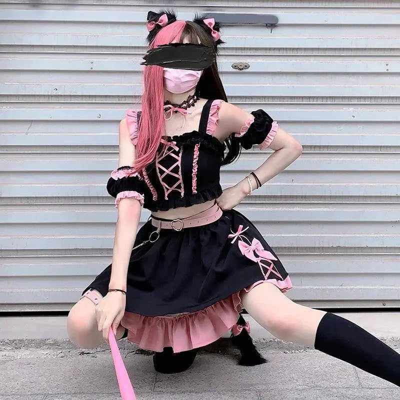 Lolita Girls Sweet Tank Top And Skirt 2-piece set High Waist Ruffles Bow Pleated Skirt Harajuku Cute Cake Mini Skirts - Tophatter Daily Deals