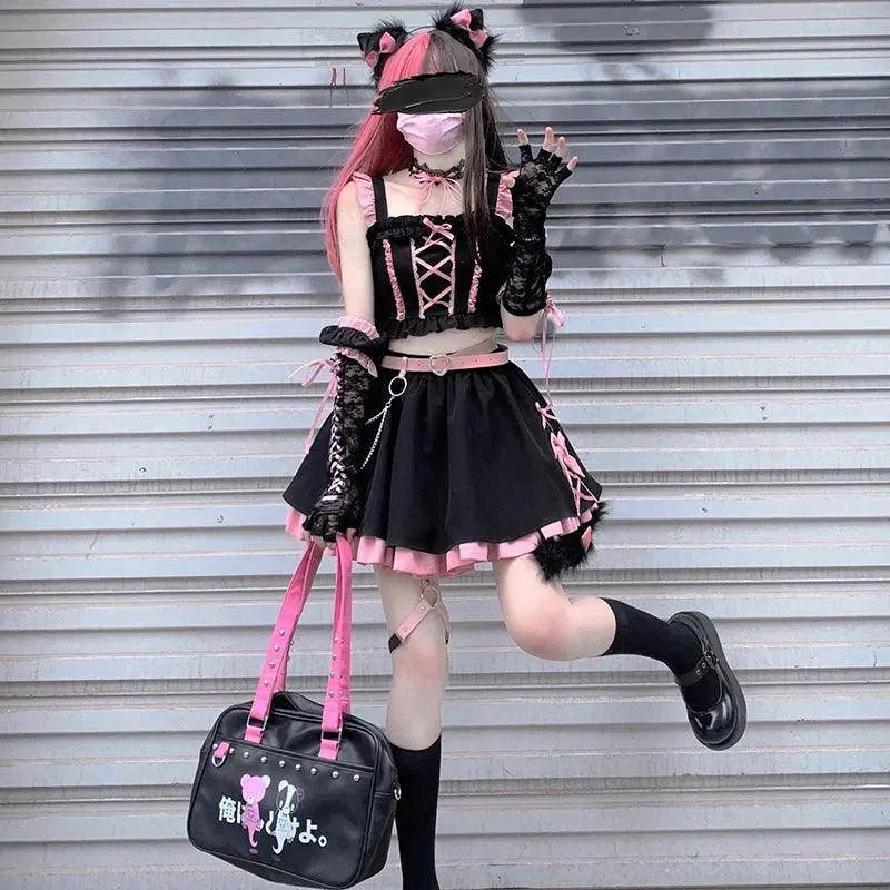 Lolita Girls Sweet Tank Top And Skirt 2-piece set High Waist Ruffles Bow Pleated Skirt Harajuku Cute Cake Mini Skirts - Tophatter Daily Deals