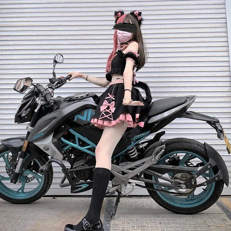 Lolita Girls Sweet Tank Top And Skirt 2-piece set High Waist Ruffles Bow Pleated Skirt Harajuku Cute Cake Mini Skirts - Tophatter Daily Deals