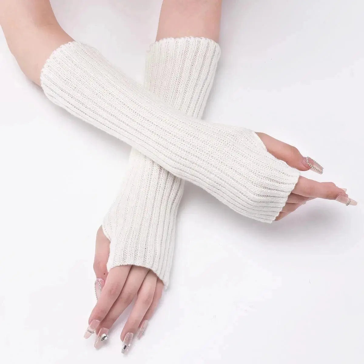 Long Fingerless Gloves Women‘s Mitten Winter Arm Warmer Knitted Arm Sleeve Fine Casual Soft Girls Goth Clothes Punk Gothic Glove long - White - Tophatter Daily Deals