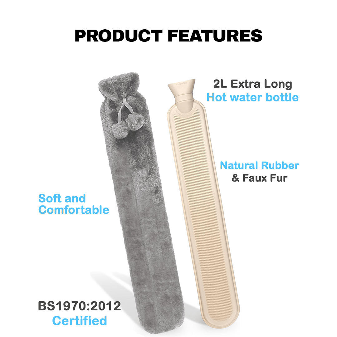 Hot Water Bottle With Cover - Long Hot Water Bottle With Fluffy Cover 2 Litre Extra Long Personal Care - Tophatter Daily Deals