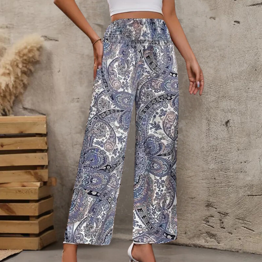 Breathable women’s boho pants – wide-leg design, cotton, for summer vacation Blue Casual pants - Tophatter Daily Deals