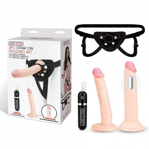 Lux Fetish 3 PC Strap-On Pegging Set With 6.5 Inch Realistic Vibrating Dildo and 6 Inch Slim Anal Dildo > Dildos > Strap On Harnesses - Tophatter Daily Deals
