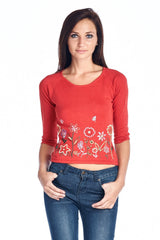 Women's Floral Embroidered Tie-Back Crop Sweater Red 33 Sweater - Tophatter Daily Deals