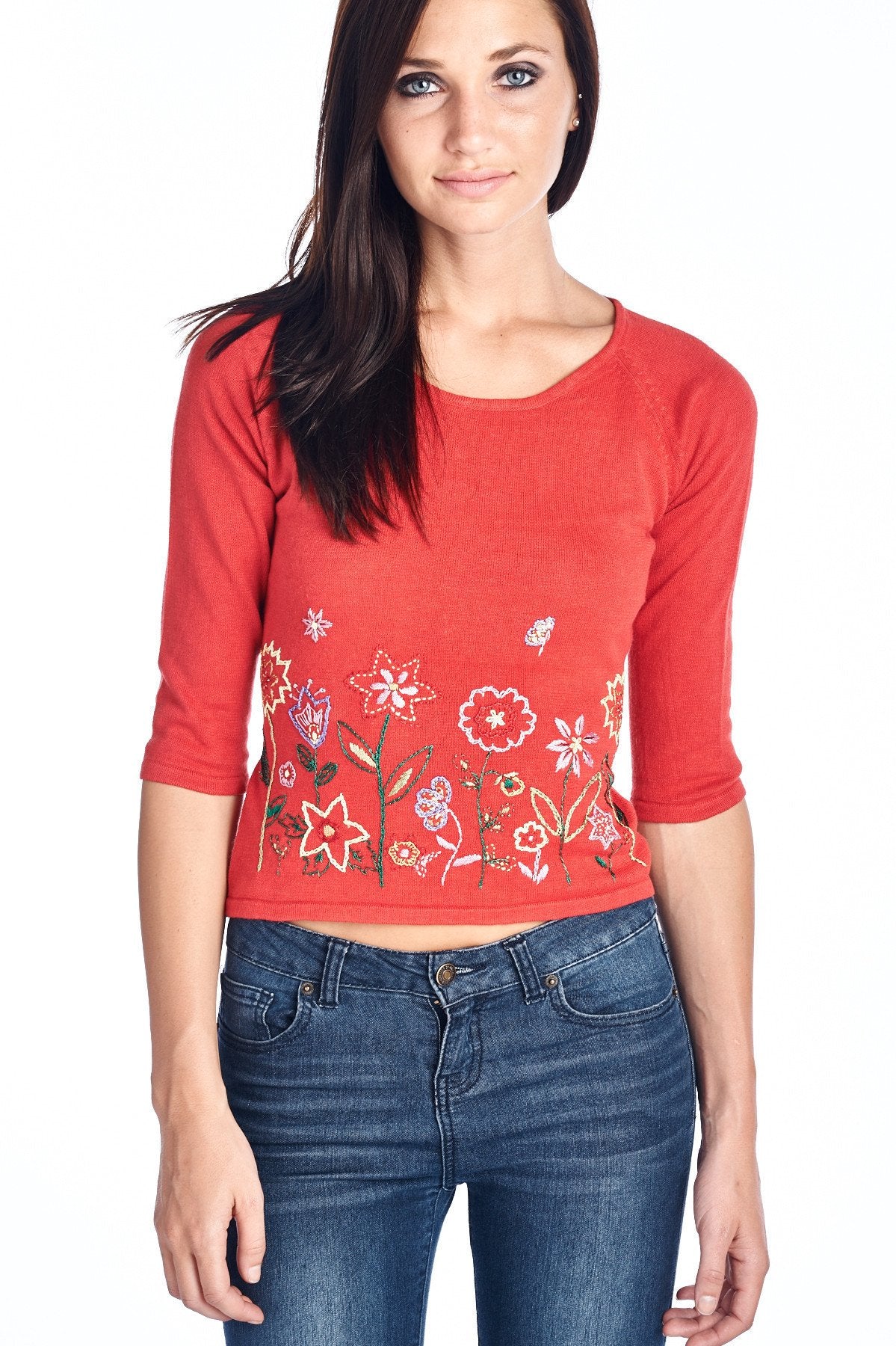 Women's Floral Embroidered Tie-Back Crop Sweater Sweater - Tophatter Daily Deals
