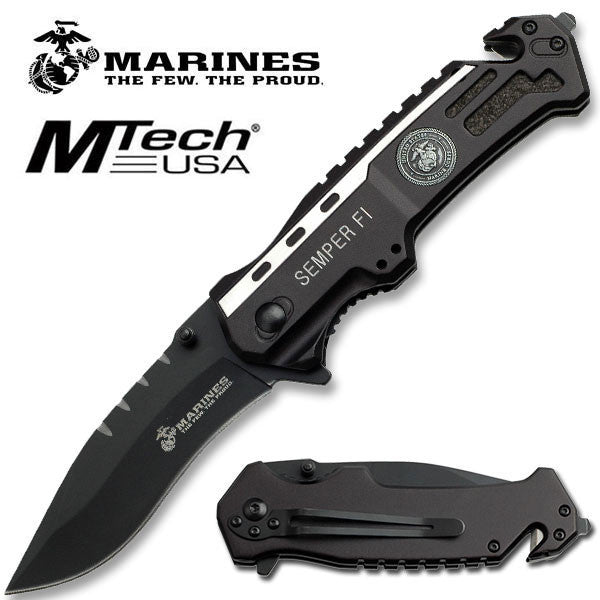 US Marines Knife Licensed Leatherneck Black Tactical Spring Assist Drop Point Drop Point Plain Knife-Assist - Tophatter Daily Deals