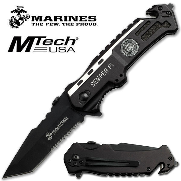 US Marines Knife Licensed Leatherneck Black Tactical Spring Assist Tanto Ser Tanto Serrated Knife-Assist - Tophatter Daily Deals
