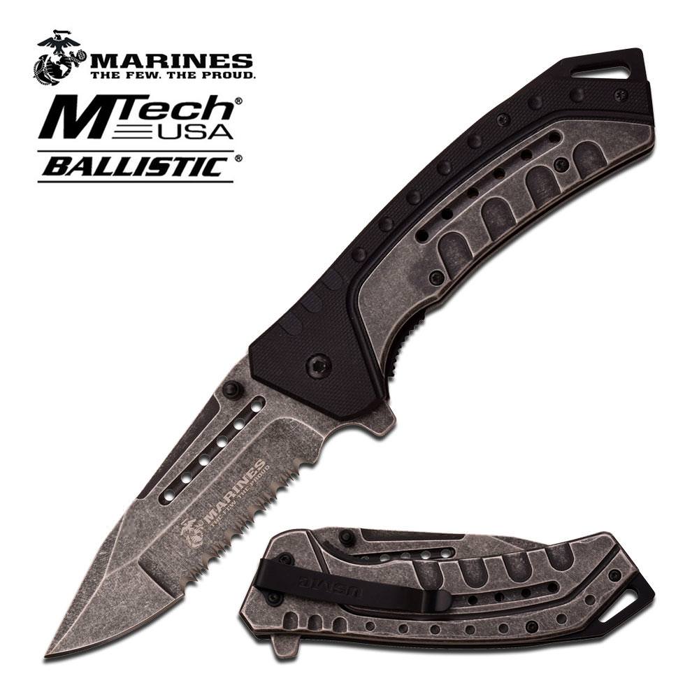 Mtech USMC Marines Gray Serrated Blade Black Spring-Assist Folding Pocket Knife - Tophatter's Guns'N'Weapons Store Collectible Weapons - Tophatter Daily Deals