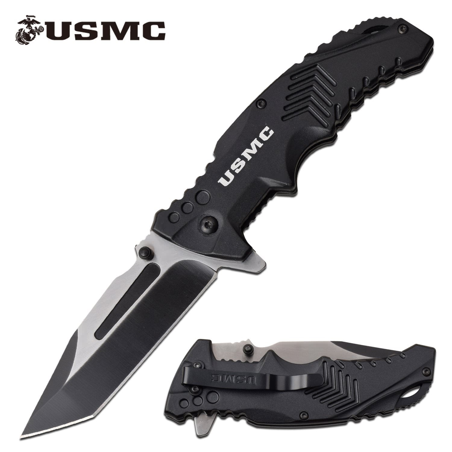 Official USMC 3.5" Tanto Blade Tactical Edc Black Spring-Assist Folding Pocket Knife Collectible Weapons - Tophatter Daily Deals