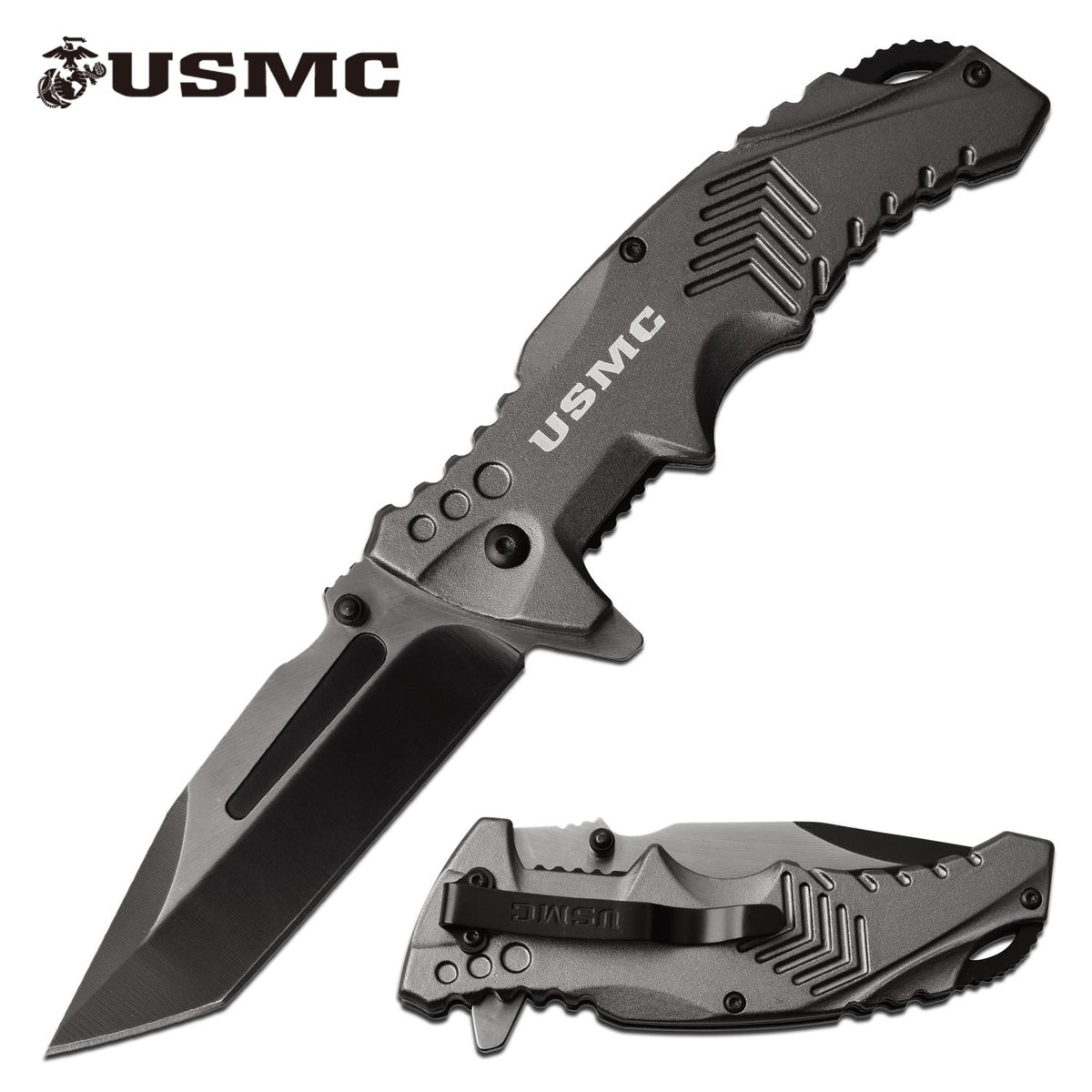 Official USMC 3.5" Tanto Blade Tactical Edc Grey Spring-Assist Folding Pocket Knife - Tophatter's Army Products & Self Defense Collectible Weapons - Tophatter Daily Deals
