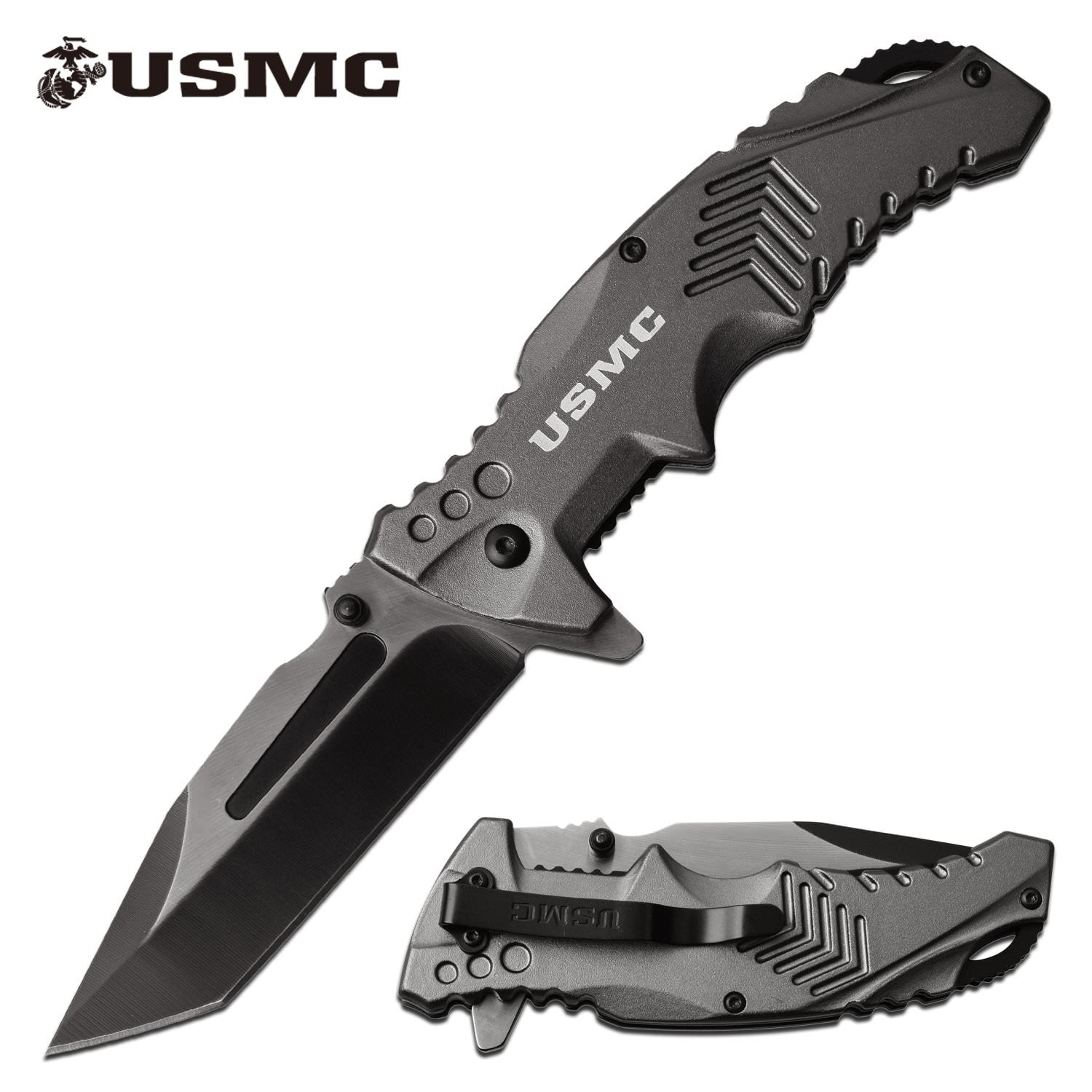 Official USMC 3.5" Tanto Blade Tactical Edc Grey Spring-Assist Folding Pocket Knife - Tophatter's Guns'N'Weapons Store Collectible Weapons - Tophatter Daily Deals