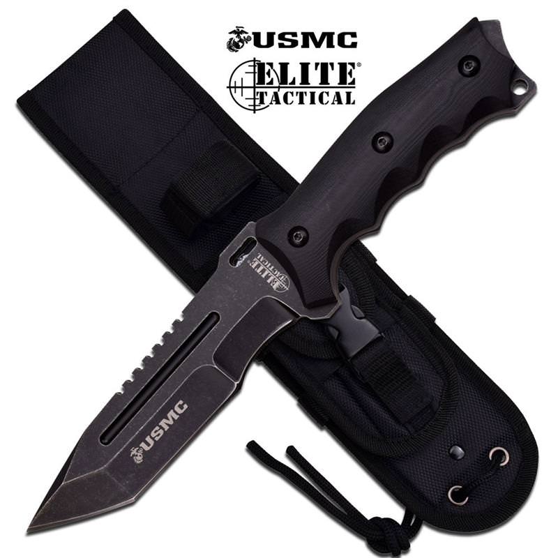 USMC Elite Tactical 10.75 inch Overall Fixed Blade Knife Black And Stonewash - Tophatter's Guns'N'Weapons Store Collectible Weapons - Tophatter Daily Deals