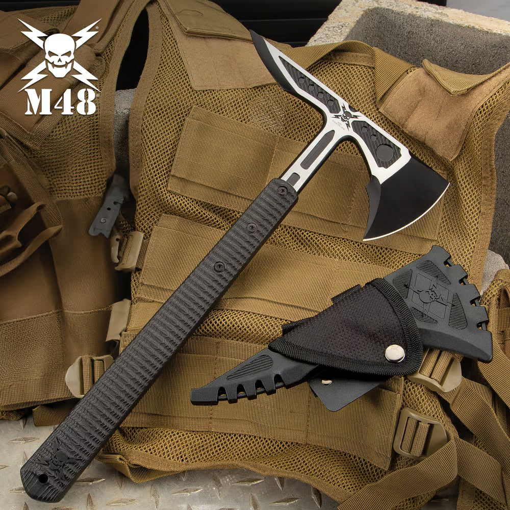 M48 Liberator Infantry Tomahawk With Sheath - Cast Stainless Steel Head, Black Oxide Coating, Injection Molded Nylon Handle - Length 15 3/4” - Tophatter Daily Deals