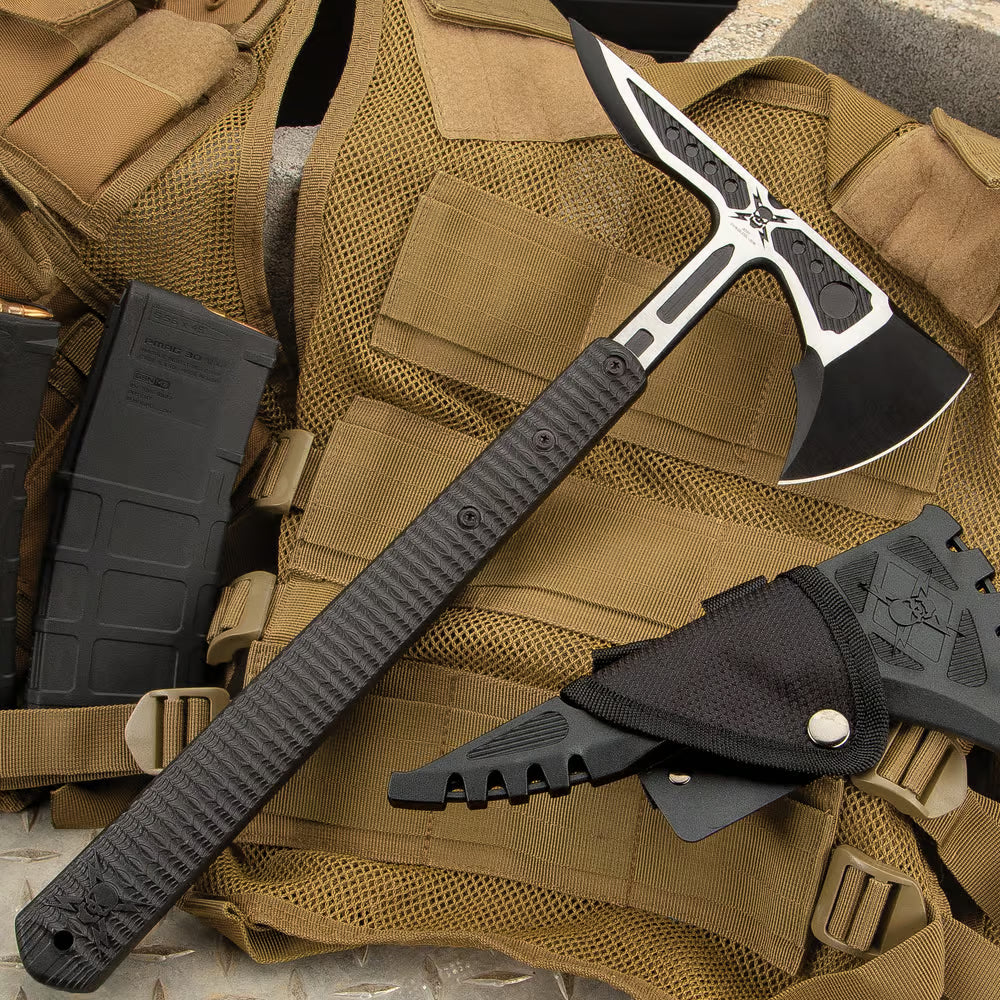 M48 Liberator Infantry Tomahawk With Sheath - Cast Stainless Steel Head, Black Oxide Coating, Injection Molded Nylon Handle - Length 15 3/4” - Tophatter Daily Deals
