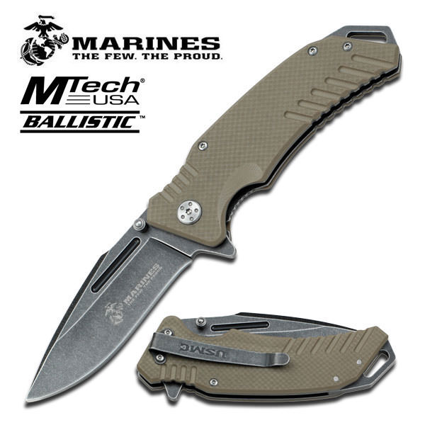 MTech USA US Marines Tan Handle Spring Assisted Knife - Tophatter's Guns'N'Weapons Store Collectible Weapons - Tophatter Daily Deals