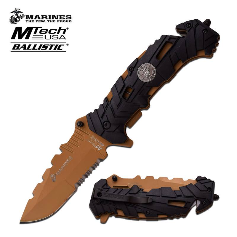 USMC Marines Tactical Folding Spring Assist Knife Serrated Desert Tan - Tophatter's Inc. Weapons Store Online Collectible Weapons - Tophatter Daily Deals