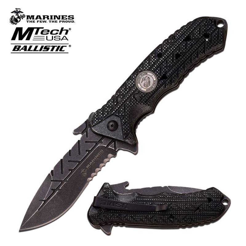Marines 4.75 Inch Closed Mtech USA Assisted Opening Knife Black - Tophatter's Inc. Weapons Store Online Collectible Weapons - Tophatter Daily Deals