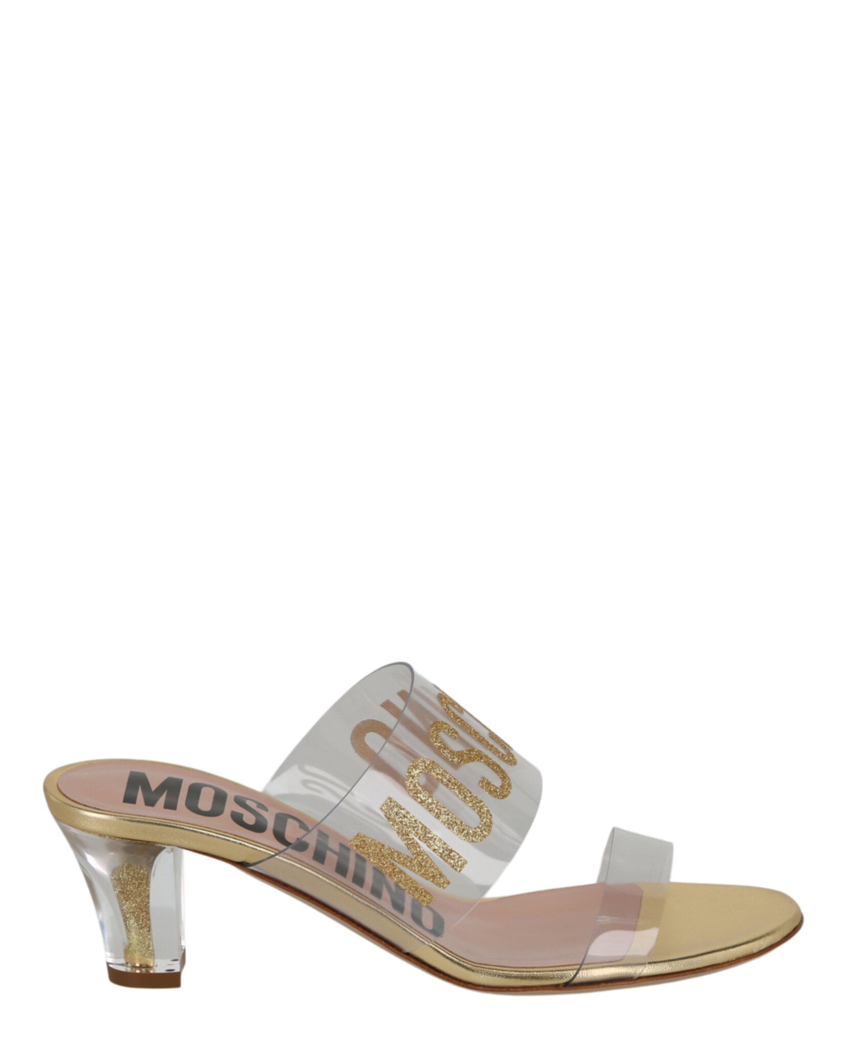 Moschino Glitter Logo Heel Sandals Transparent Gold Footwear - Tophatter Daily Deals