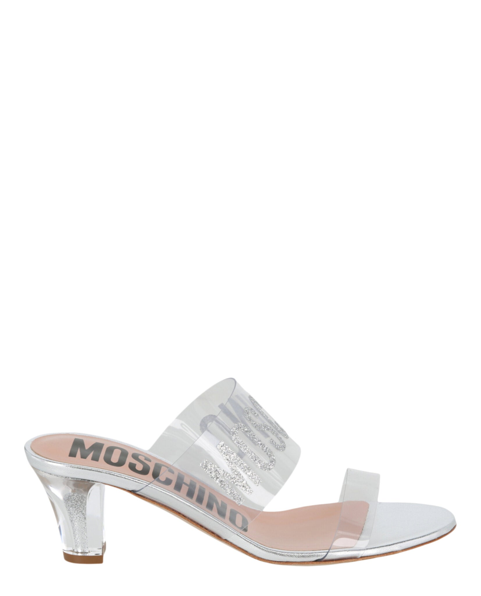 Moschino Glitter Logo Heel Sandals Transparent Silver Footwear - Tophatter Daily Deals