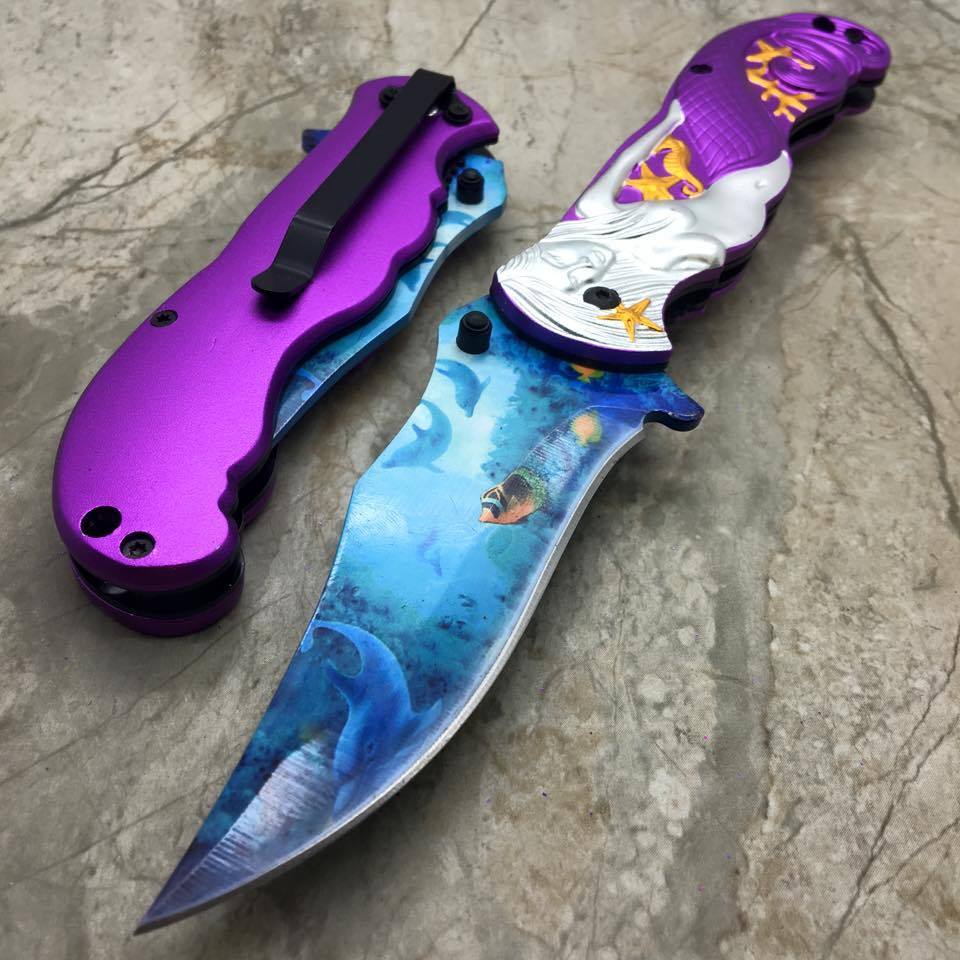 Fantasy Purple Mermaid Ocean View Spring Assisted Folding Knife Knife-Assist - Tophatter Daily Deals