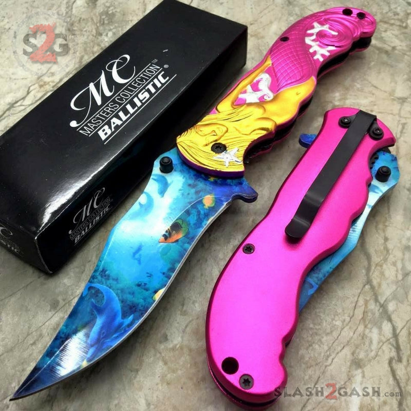 Fantasy Pink Mermaid Ocean View Spring Assisted Folding Knife Knife-Assist - Tophatter Daily Deals
