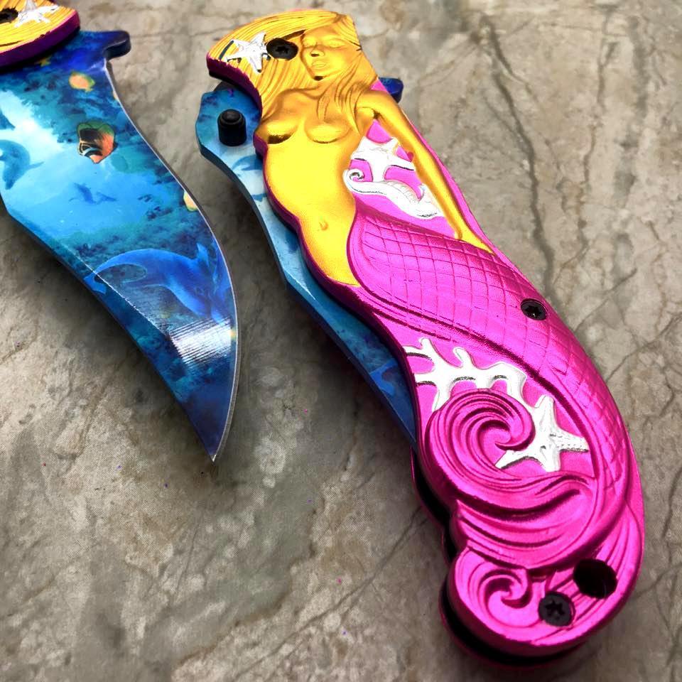 Fantasy Pink Mermaid Ocean View Spring Assisted Folding Knife Knife-Assist - Tophatter Daily Deals