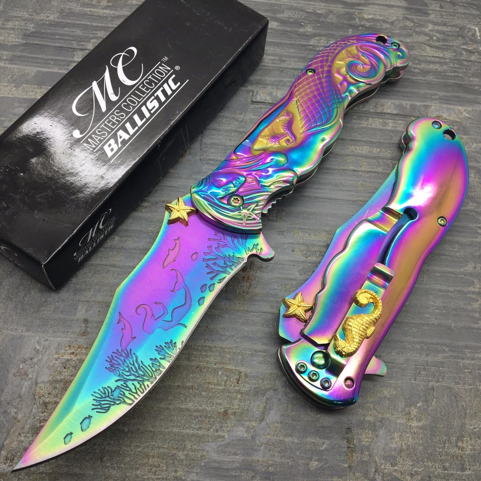 Fantasy Rainbow Coated 3D Sculpted Mermaid Assist Open Collector Knife Knife-Assist - Tophatter Daily Deals