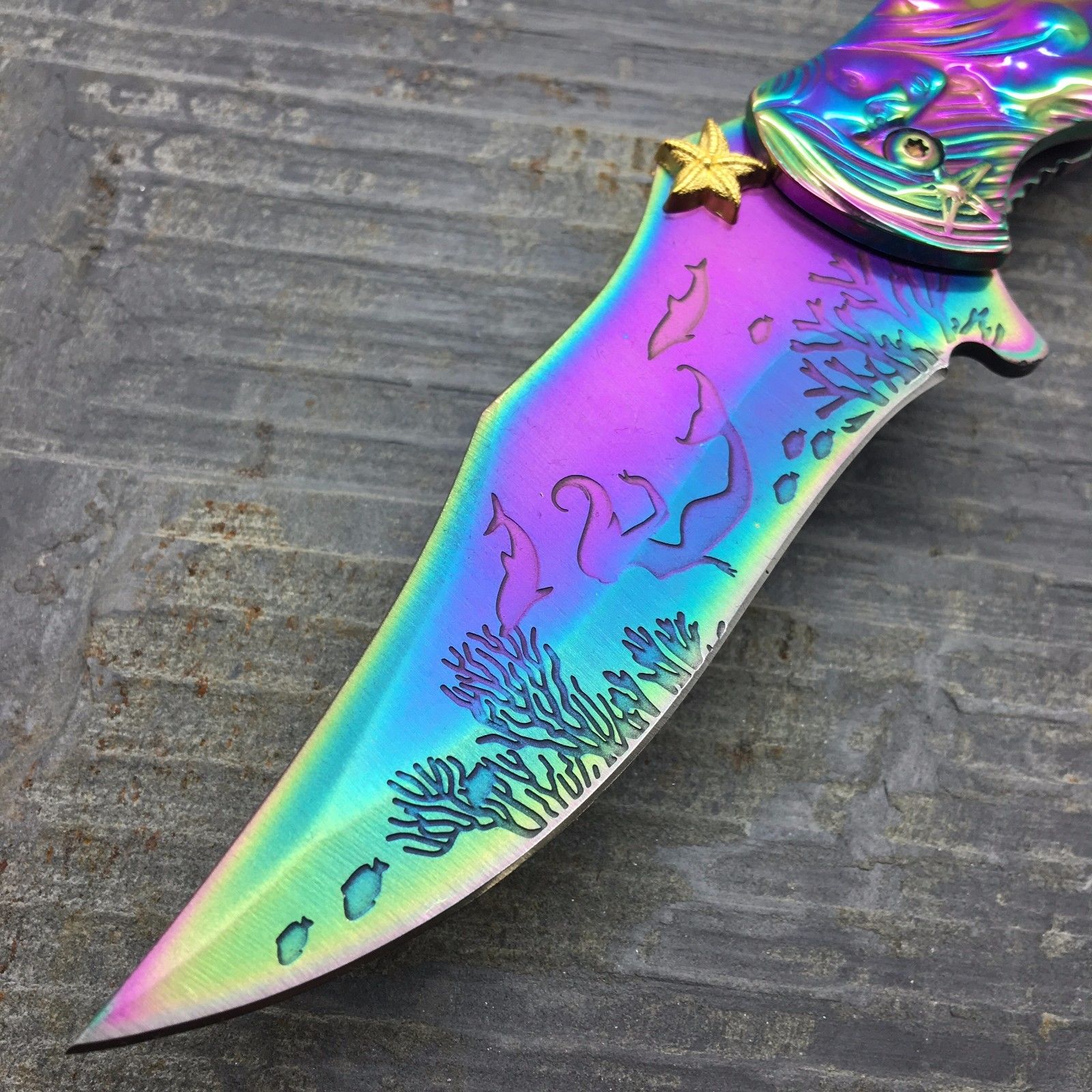 Fantasy Rainbow Coated 3D Sculpted Mermaid Assist Open Collector Knife Knife-Assist - Tophatter Daily Deals