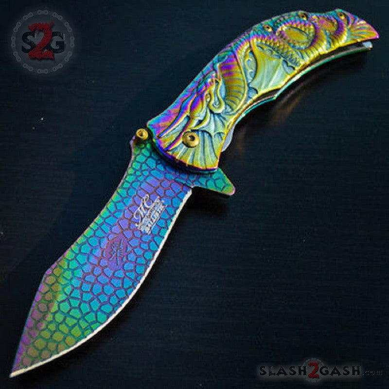 Dragon Titanium Rainbow Spring Assisted Knife 3D Engraved Scales Master Knife-Assist - Tophatter Daily Deals