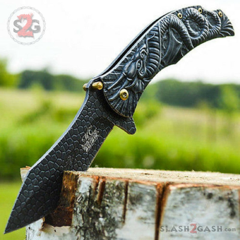 Dragon Ninja Stonewash Spring Assisted Knife 3D Engraved Scales Master Knife-Assist - Tophatter Daily Deals