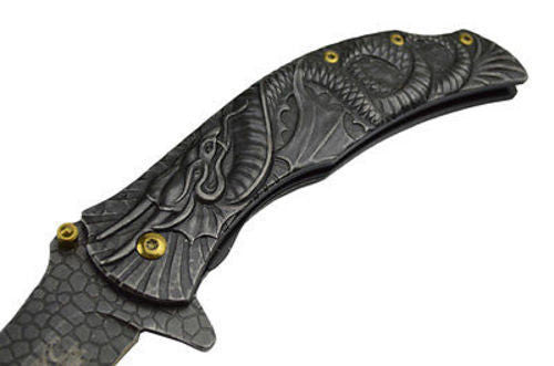 Dragon Ninja Stonewash Spring Assisted Knife 3D Engraved Scales Master Knife-Assist - Tophatter Daily Deals