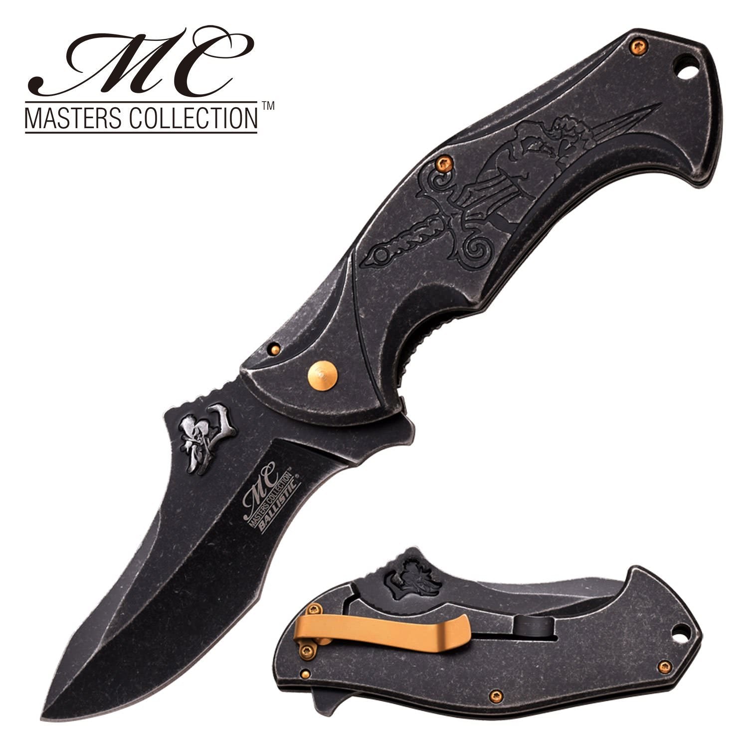Spring Assist Folding Pocket Knife Gray Stone Skull Dagger Fantasy - Tophatter's Guns'N'Weapons Store Collectible Weapons - Tophatter Daily Deals