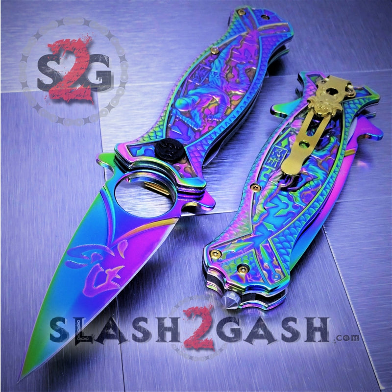 Rainbow Titanium Ninja Finger Hole Spring Assisted Knife w/ Breaker Knife-Assist - Tophatter Daily Deals