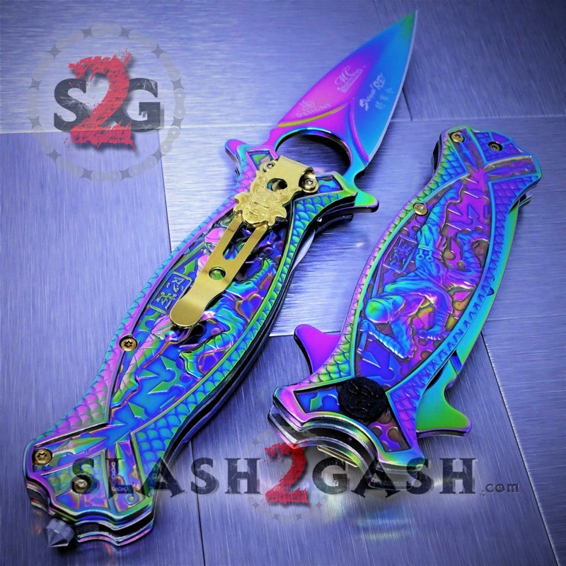 Rainbow Titanium Ninja Finger Hole Spring Assisted Knife w/ Breaker Knife-Assist - Tophatter Daily Deals
