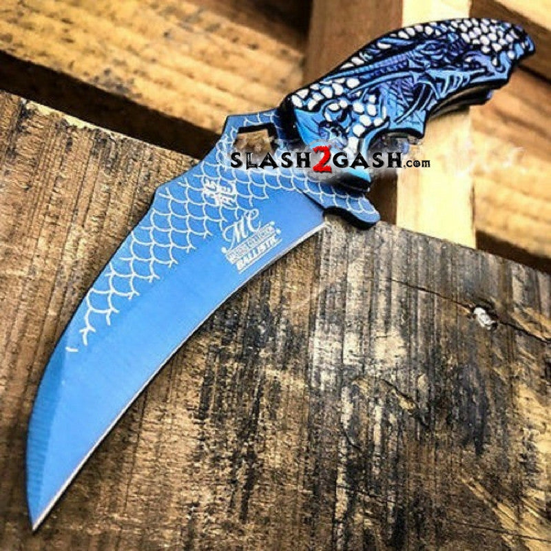 Dragon Blue Titanium Spring Assisted Knife NEW Claw Acid Etched Scales Knife-Assist - Tophatter Daily Deals