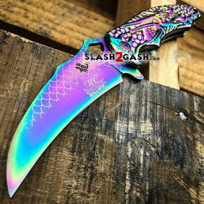 Dragon Titanium Rainbow Spring Assisted Knife Fade Claw Acid Etched Scales Knife-Assist - Tophatter Daily Deals