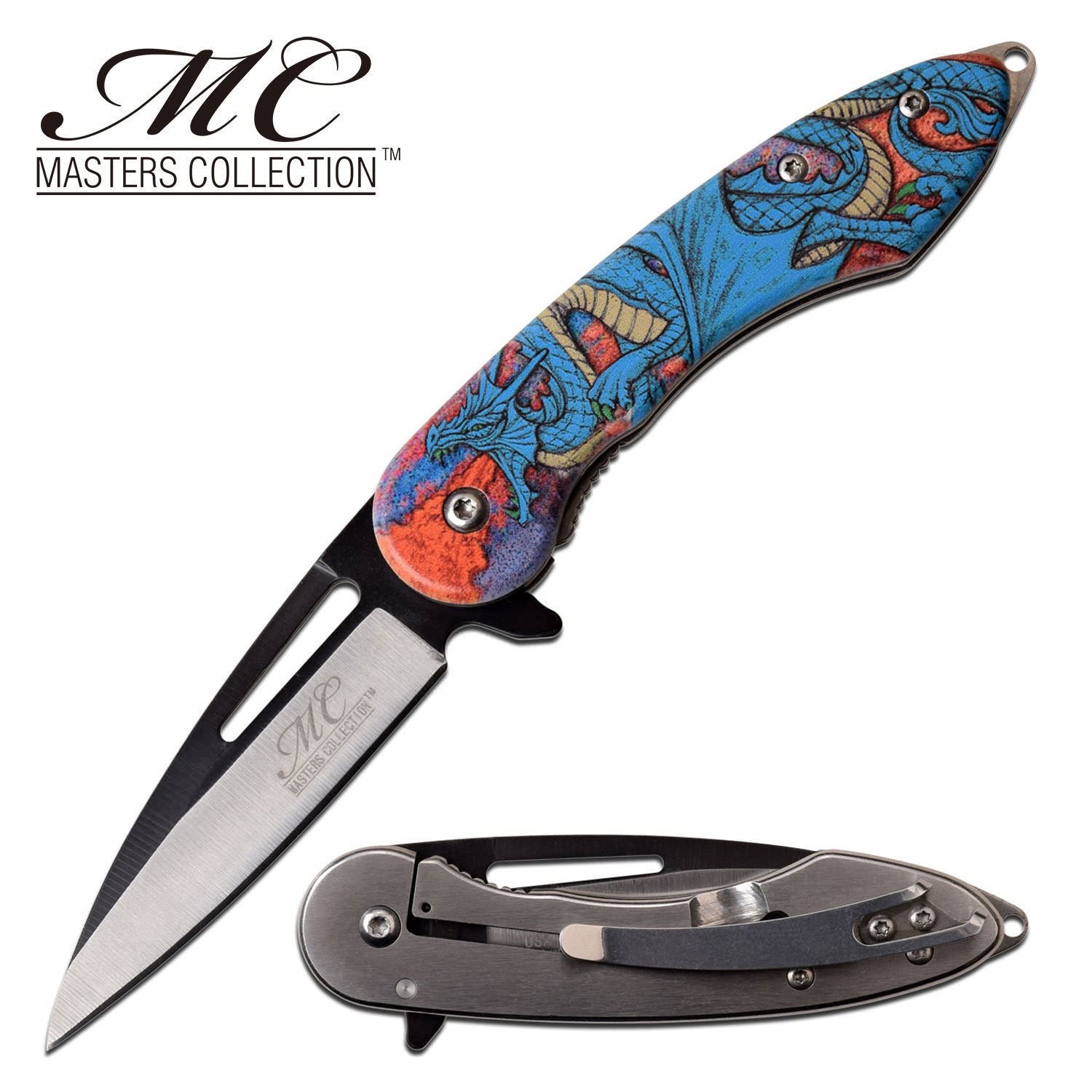 3" Blade Embossed Fantasy Blue Dragon Tactical Spring-Assist Folding Pocket Knife Collectible Weapons - Tophatter Daily Deals