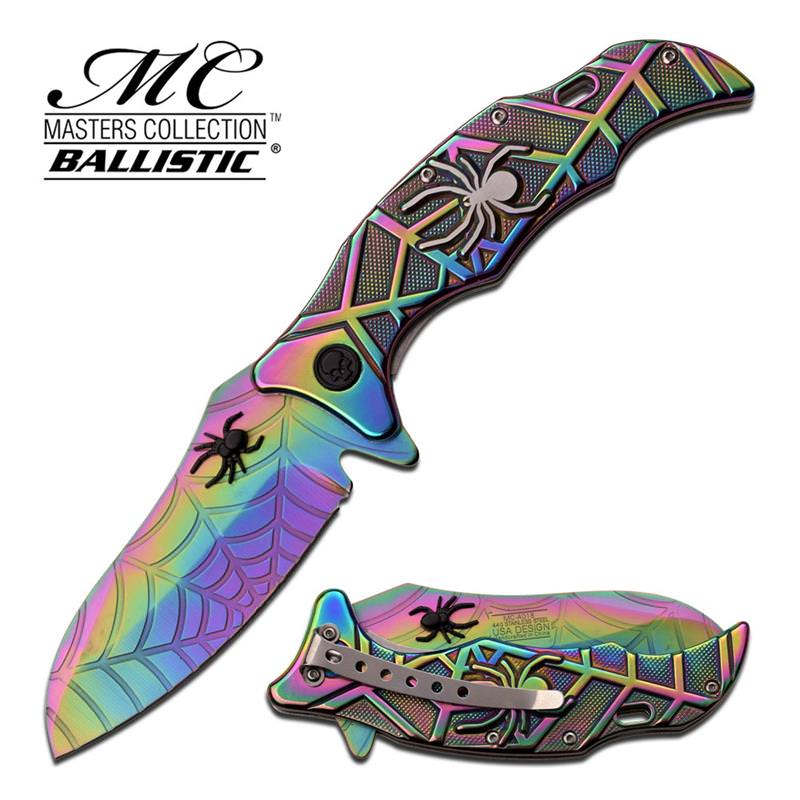 Rainbow Spider Web Spring Assist Assisted Knife Ti-Acid Etch Blade - TOPHATTER'S ARMORY DEALS Collectible Weapons - Tophatter Daily Deals