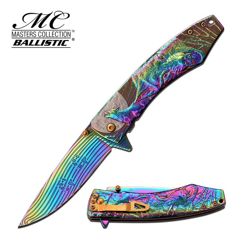 Assisted Opening Rainbow Ti-Coated Wolf Handle Gift Collectible Pocket Knife - Tophatter's Guns'N'Weapons Store Collectible Weapons - Tophatter Daily Deals