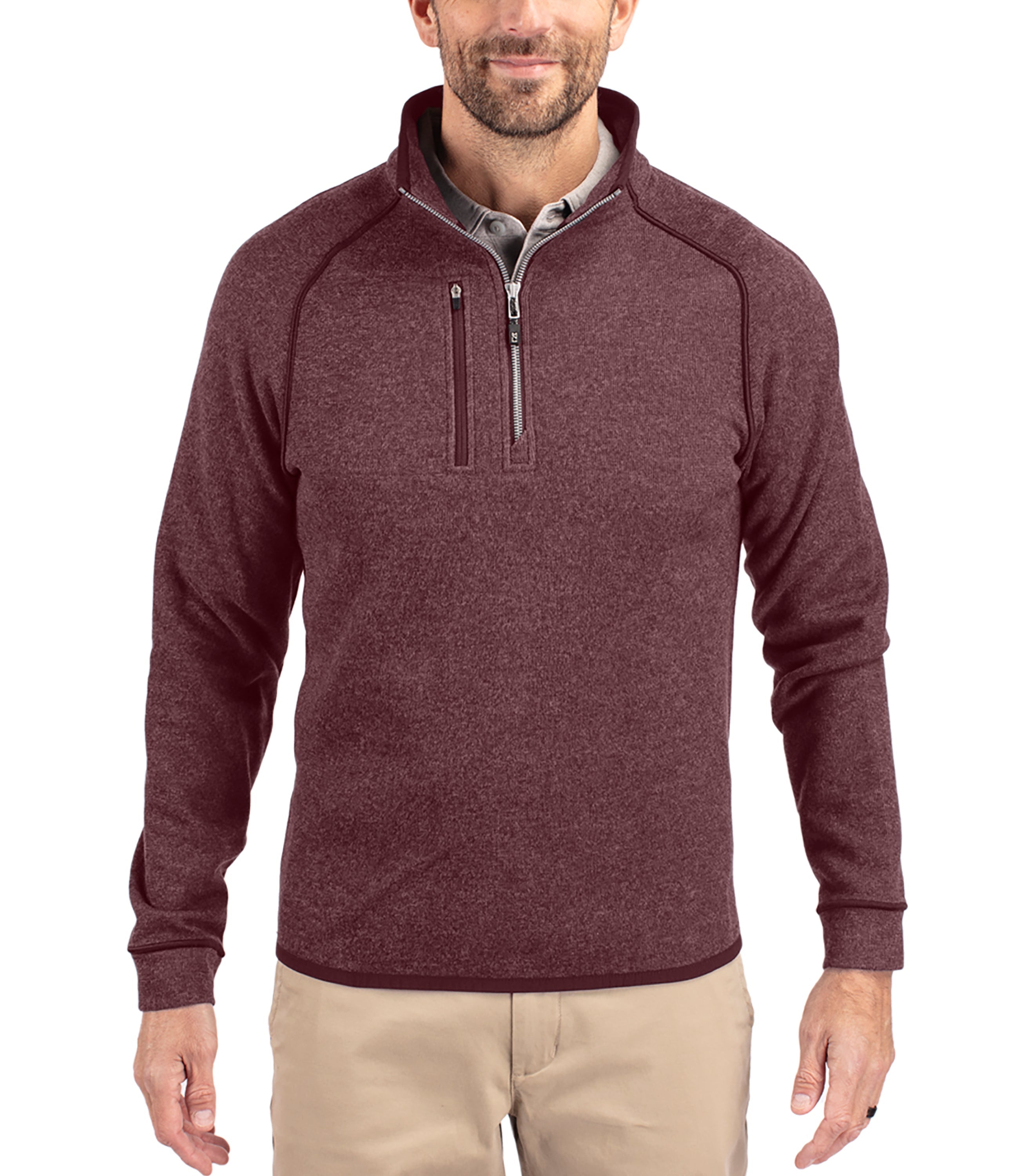 Cutter & Buck Mainsail Sweater-Knit Mens Half Zip Pullover Jacket Bordeaux Heather Half Zip & Quarter Zip - Tophatter Daily Deals