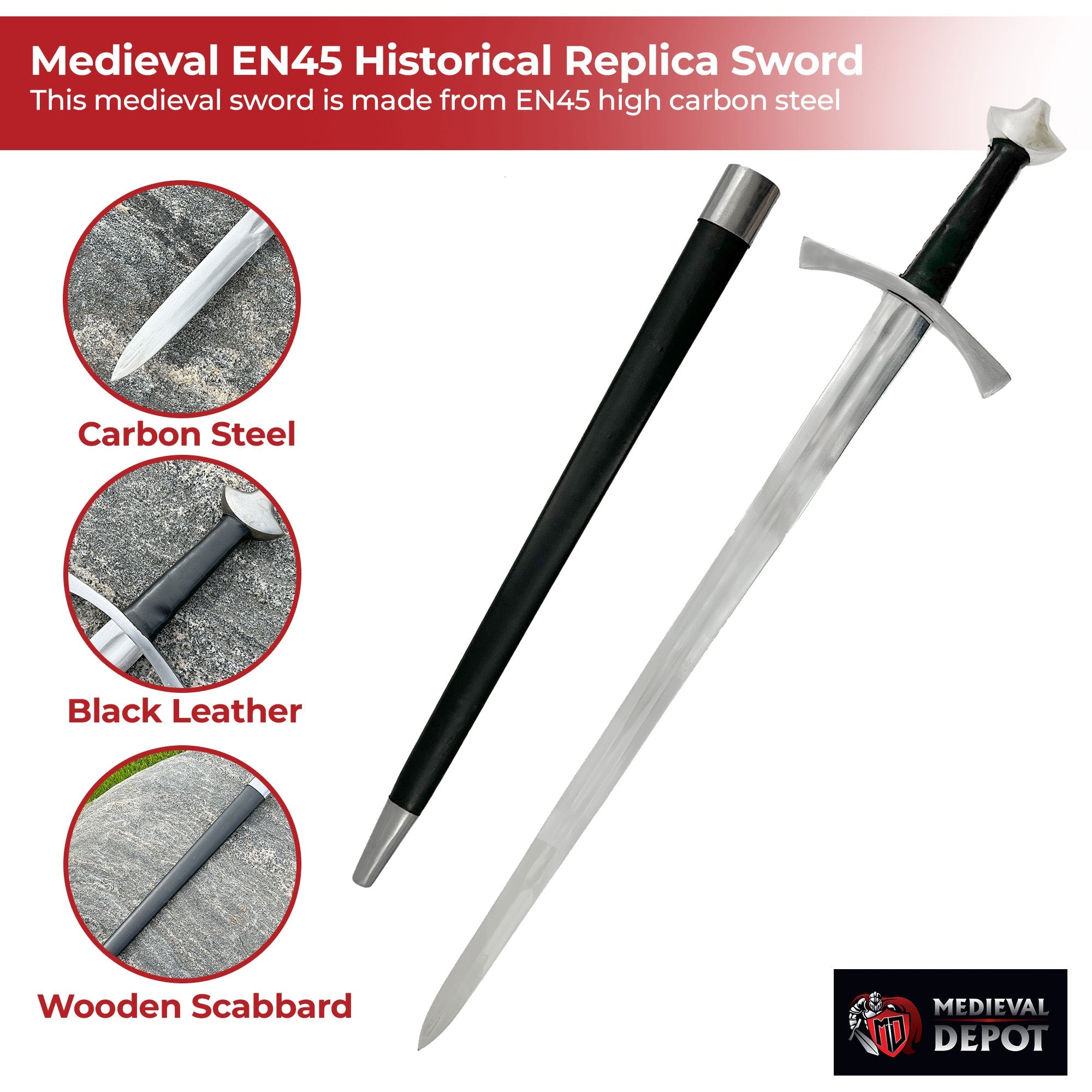 Medieval EN45 High Carbon Steel Full Tang Historical Knightly Replica Sword Swords - Tophatter Daily Deals