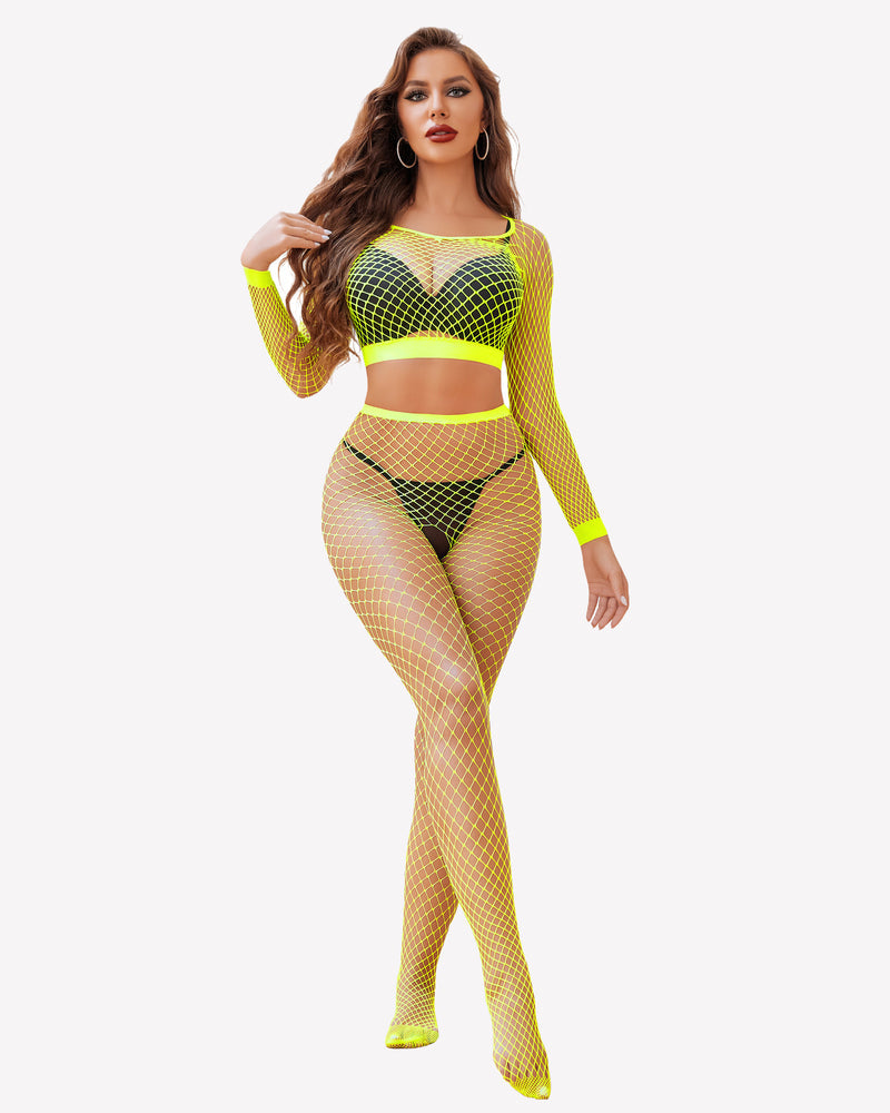 Fishnet Two Piece Lingerie Set Lemon Green One Size Stockings - Tophatter Daily Deals